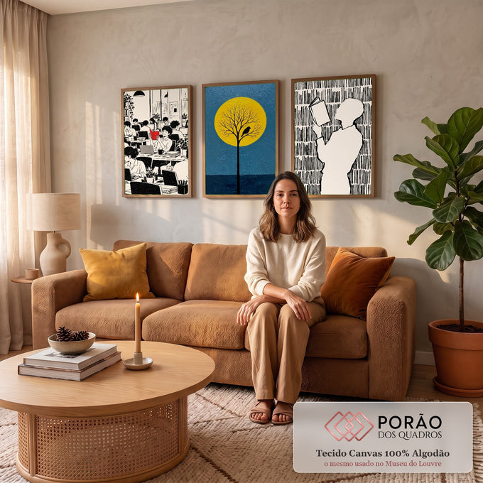 Quadro Decorativo Kit 3 Telas Leitura Escritório para Sala | quadros decorativos para sala de estar | cena tríptica com escritório, árvore sob lua amarela e silhuetas lendo em preto e branco | em ambiente 3 | Porao dos Quadros