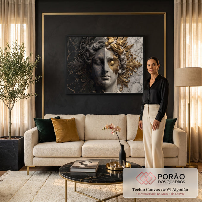 Busto de Apolo dividido em mármore preto e branco com raios e ornamentos dourados, quadro decorativo