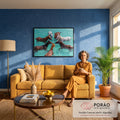 Quadro Decorativo Grande Cavalos em Círculo para Sala Azul | quadros decorativos para sala de estar | sete cavalos nadando em mar turquesa formando um círculo com cabrestos coloridos | em ambiente 3 | Porao dos Quadros