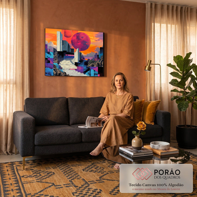 Quadro Decorativo Grande Escadaria Futurista para Sala | quadros decorativos para sala de estar | escadaria branca futurista com dois planetas coloridos em céu laranja | em ambiente 3 | Porao dos Quadros