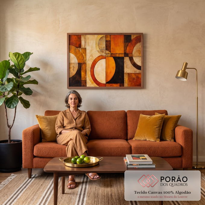 Quadro Decorativo Grande Abstrato Geométrico Ocre para Sala | quadros decorativos para sala de estar | arcos e círculos geométricos em tons de terracota, ocre e preto | em ambiente 3 | Porao dos Quadros