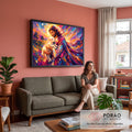 Quadro Decorativo Grande Jesus com Cordeiro para Sala Roxo | quadros decorativos para sala de estar | homem de manto segurando cordeiro branco com fundo abstrato colorido | em ambiente 3 | Porao dos Quadros