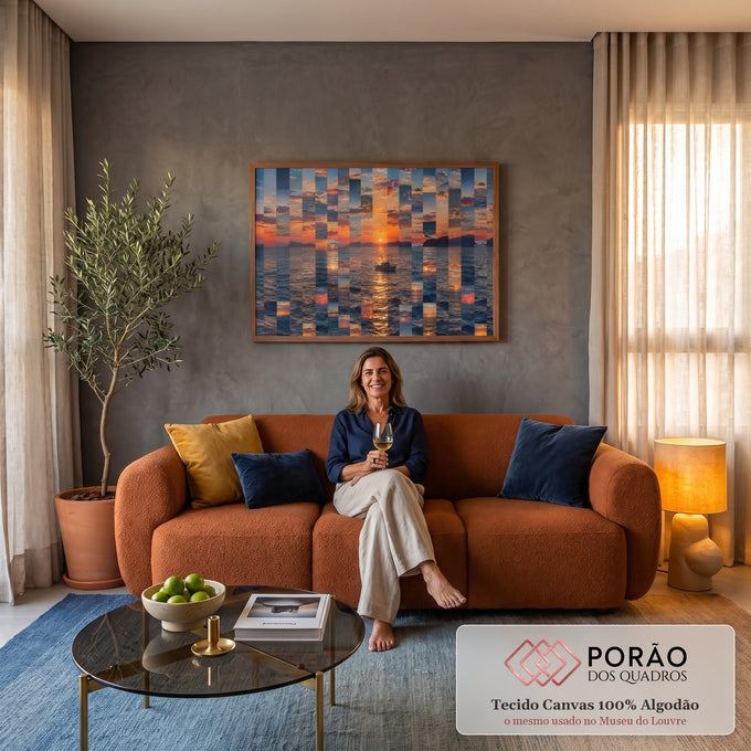 Quadro Decorativo Grande Pôr do Sol Mar para Sala Laranja | quadros decorativos para sala de estar | pôr do sol fragmentado em mosaico com barco de pesca e montanhas ao fundo | em ambiente 3 | Porao dos Quadros