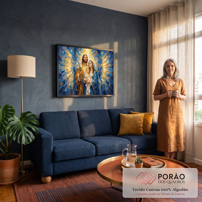 Sagrada Família com Menino Jesus, José com lírios e Maria de manto azul em mosaico de luz, quadro decorativo