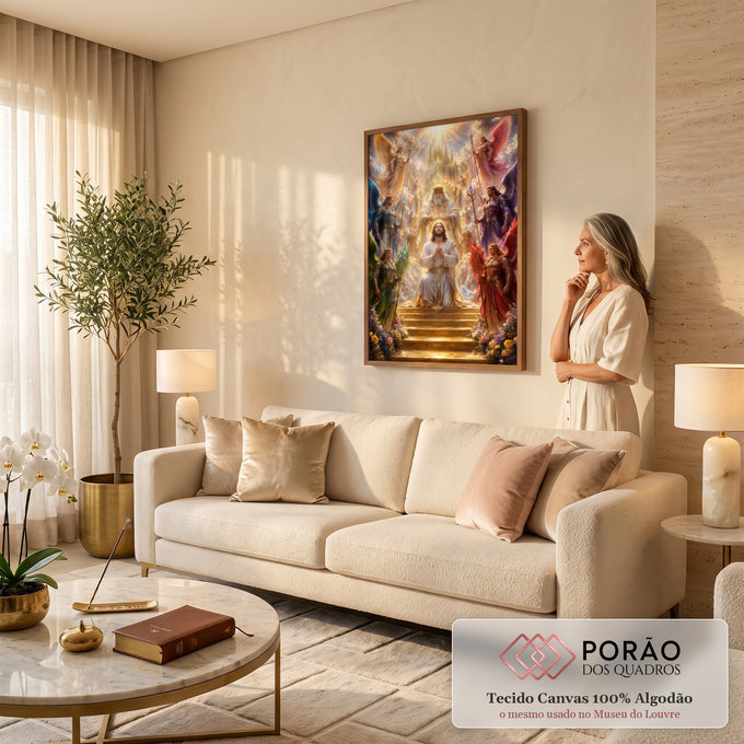 Quadro Decorativo Grande Jesus Coroado para Sala Dourado | quadros decorativos para sala de estar | Jesus ajoelhado sendo coroado por Deus, cercado de anjos alados coloridos e luz dourada | em ambiente 3 | Porao dos Quadros