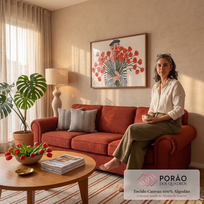 Quadro Decorativo Grande Pessoa de Boina para Sala Vermelho | quadros decorativos para sala de estar | figura de boina segurando grande buquê de flores vermelhas sobre fundo bege | em ambiente 3 | Porao dos Quadros