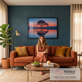Quadro Decorativo Grande Árvore Solitária Reflexo para Sala | quadros decorativos para sala de estar | árvore solitária em silhueta refletida no lago sob céu de pôr do sol laranja e azul | em ambiente 3 | Porao dos Quadros