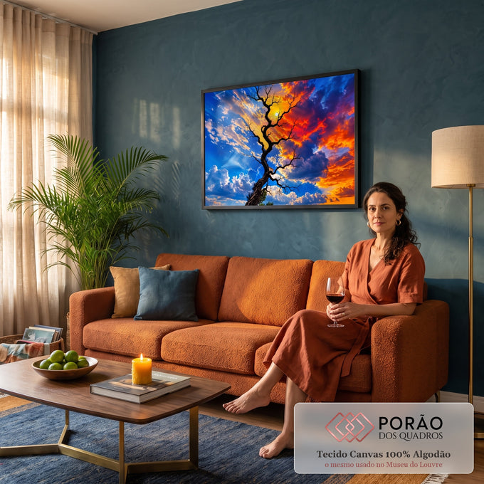 Árvore seca de galhos retorcidos com sol entre os galhos e céu azul e laranja vibrante, quadro decorativo