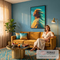 Quadro Decorativo Grande Homem de Perfil para Sala Dourado | quadros decorativos | homem barbado de perfil com cabelo transformado em luz dourada e turquesa | em ambiente 2 | Porao dos Quadros