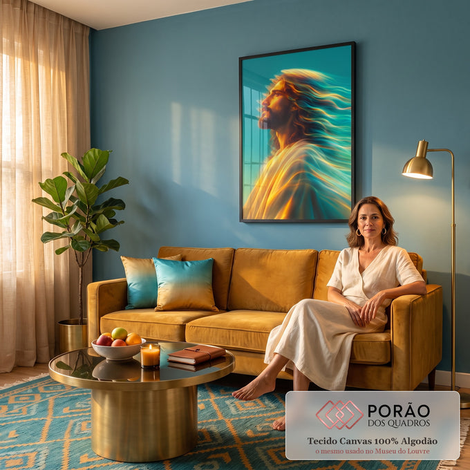 Quadro Decorativo Grande Homem de Perfil para Sala Dourado | quadros decorativos | homem barbado de perfil com cabelo transformado em luz dourada e turquesa | em ambiente 2 | Porao dos Quadros