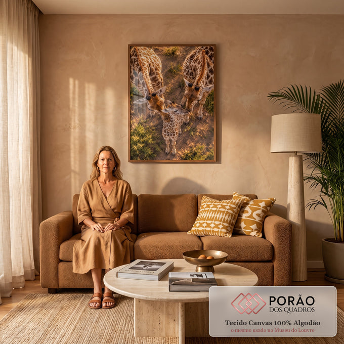 Duas girafas adultas e um filhote vistos de cima na savana com luz dourada, quadro decorativo