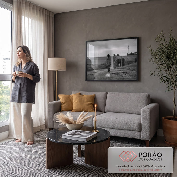 Quadro Decorativo Grande Menina Caminhando para Sala Preto | quadros decorativos para sala de estar | menina de costas caminhando por estrada de terra em foto preto e branco | em ambiente 3 | Porao dos Quadros