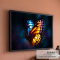 Quadro Decorativo Grande Borboleta com Asas para Sala | quadros decorativos para sala de estar | borboleta com asa laranja e roxa de um lado e asa azul turquesa do outro, fundo escuro | em ambiente 3 | Porao dos Quadros