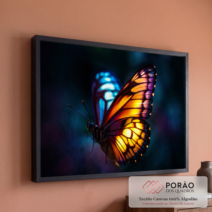 Quadro Decorativo Grande Borboleta com Asas para Sala | quadros decorativos para sala de estar | borboleta com asa laranja e roxa de um lado e asa azul turquesa do outro, fundo escuro | em ambiente 3 | Porao dos Quadros