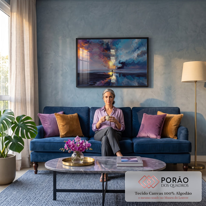 Figura solitária diante de portal de luz entre nuvens azuis e laranja refletidas na água, quadro decorativo