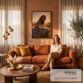 Quadro Decorativo Grande Leão na Savana para Sala Laranja | quadros decorativos para sala de estar | leão sentado em rocha com juba dourada durante pôr do sol na savana | em ambiente 3 | Porao dos Quadros