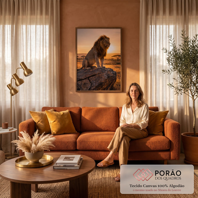 Quadro Decorativo Grande Leão na Savana para Sala Laranja | quadros decorativos para sala de estar | leão sentado em rocha com juba dourada durante pôr do sol na savana | em ambiente 3 | Porao dos Quadros