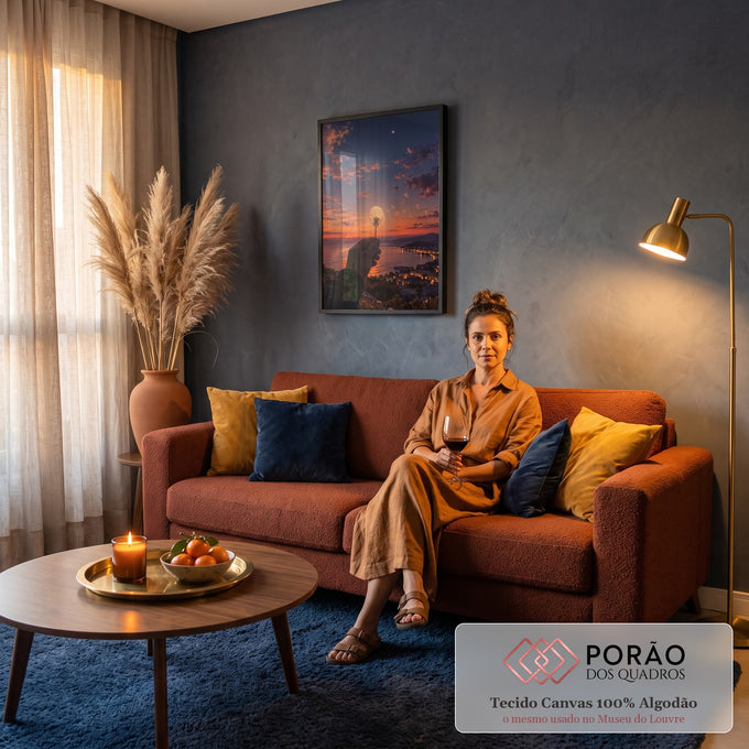 Quadro Decorativo Grande Mão com Dente de Leão para Sala | quadros decorativos para sala de estar | dente-de-leão com lua cheia ao fundo sobre pôr do sol e cidade litorânea | em ambiente 3 | Porao dos Quadros