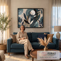 Folhagens azul petróleo e bege com círculos concêntricos e lua creme em arte abstrata, quadro decorativo