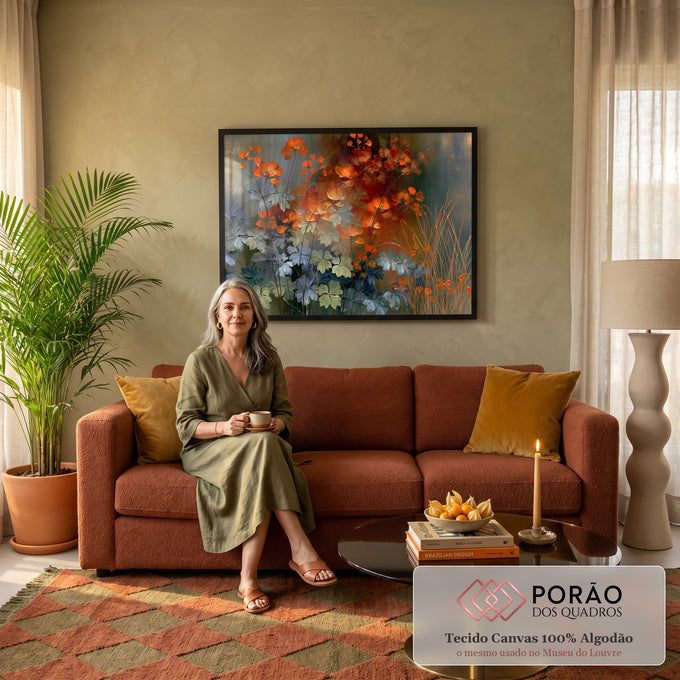 Quadro Decorativo Flores Laranja com Folhagens Verdes sobre | quadros decorativos para sala de estar | flores laranja e vermelhas com folhagens verdes sobre fundo abstrato dourado | em Quadros para Quarto | Porao dos Quadros