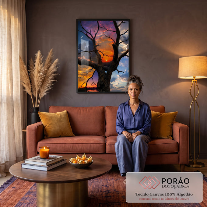 Árvore seca em primeiro plano, pôr do sol laranja, lua crescente e céu azul com nuvens, quadro decorativo