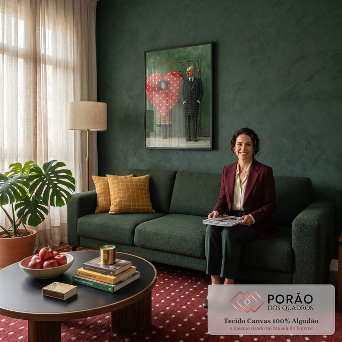 Arte surreal: mulher em coração vermelho de bolinhas e homem de terno xadrez, quadro decorativo