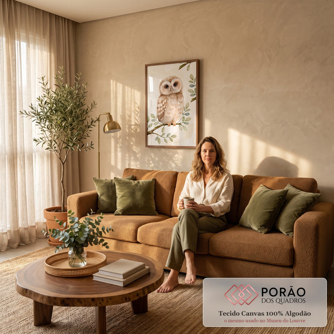Corujinha marrom em aquarela pousada em galho com folhas verde-sálvia sobre fundo creme, quadro decorativo