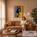 Quadro Decorativo Grande Rosto Cubista para Sala Amarelo | quadros decorativos para sala de estar | rosto cubista colorido com olho grande, lábios vermelhos e hastes no cabelo | em ambiente 3 | Porao dos Quadros