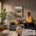 Porsche 911 clássico cinza rebaixado ao pôr do sol com grama seca e folhas amarelas, quadro decorativo