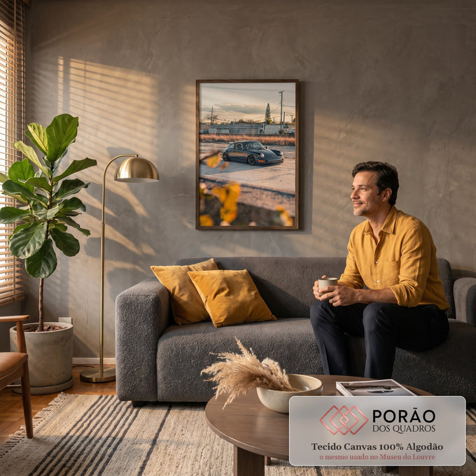 Porsche 911 clássico cinza rebaixado ao pôr do sol com grama seca e folhas amarelas, quadro decorativo