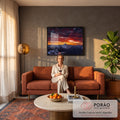 Quadro Decorativo Grande Montanhas Nevadas para Sala | quadros decorativos para sala de estar | pico nevado sob céu vermelho intenso com lago refletindo a luz ao entardecer | em ambiente 3 | Porao dos Quadros
