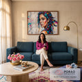 Quadro Decorativo Grande Retrato Feminino para Sala Azul | quadros decorativos para sala de estar | retrato de mulher com cabelo colorido em pintura a óleo texturizada | em ambiente 3 | Porao dos Quadros