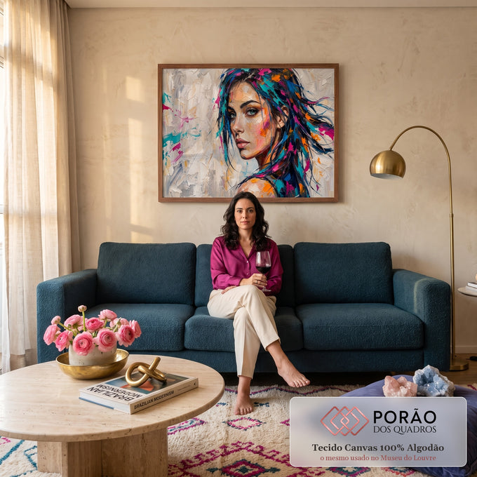 Quadro Decorativo Grande Retrato Feminino para Sala Azul | quadros decorativos para sala de estar | retrato de mulher com cabelo colorido em pintura a óleo texturizada | em ambiente 3 | Porao dos Quadros