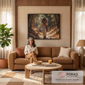 Quadro Decorativo Grande Jesus Bom Pastor para Sala Marrom | quadros decorativos para sala de estar | homem de túnica branca carrega ovelha nos ombros em trilha arborizada | em ambiente 3 | Porao dos Quadros