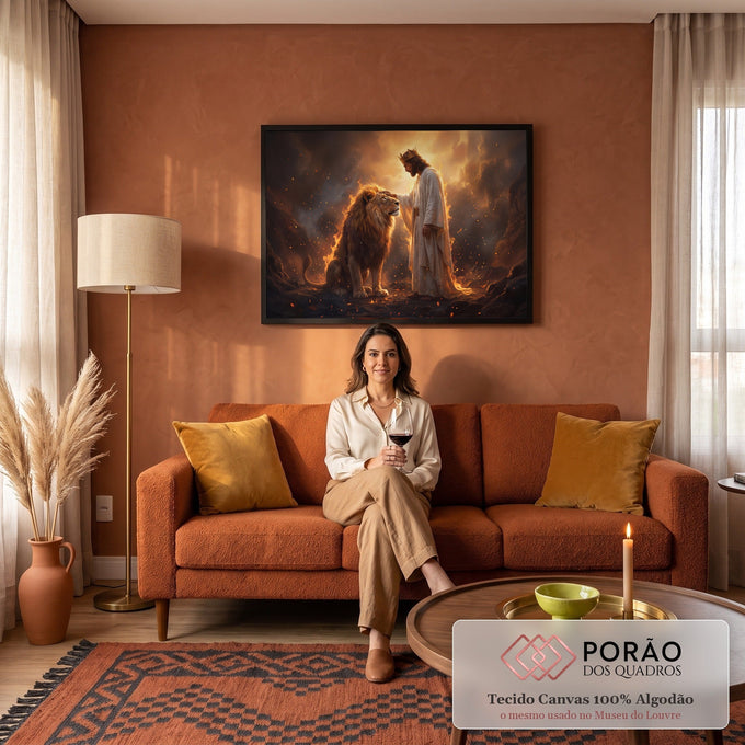 Quadro Decorativo Grande Jesus Coroado para Sala Marrom | quadros decorativos para sala de estar | homem coroado de branco tocando a cabeça de um leão em meio a chamas douradas | em ambiente 3 | Porao dos Quadros