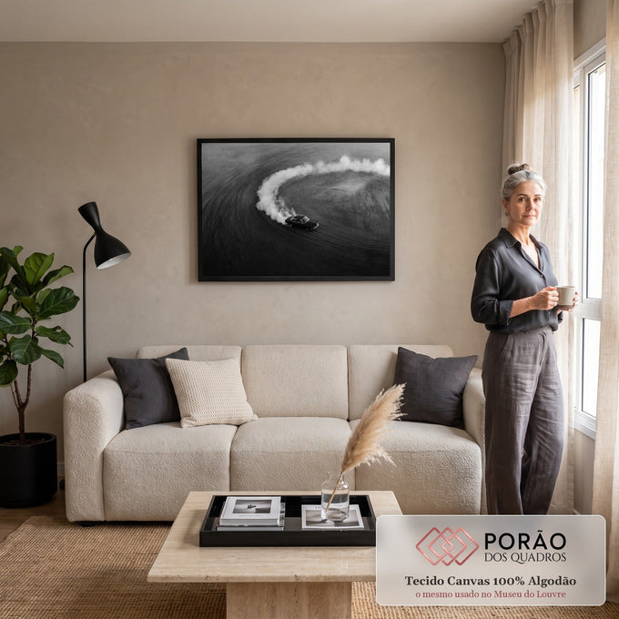 Quadro Decorativo Grande Carro Derrapando para Sala Preto | quadros decorativos para sala de estar | carro escuro derrapando no deserto com rastro de fumaça em espiral, foto aérea preto e branco | em ambiente 3 | Porao dos Quadros