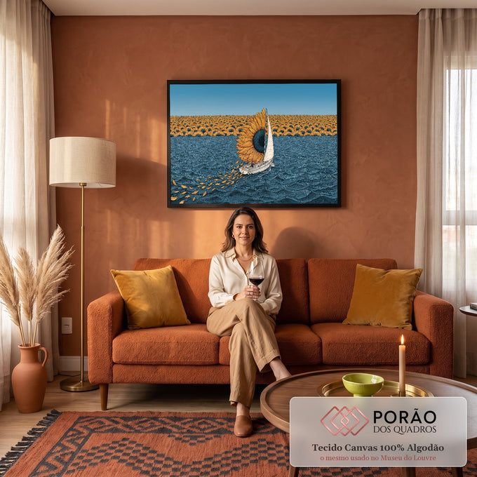 Ilustração de veleiro com vela de girassol no mar azul diante de campo de girassóis, quadro decorativo