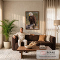 Águia de cabeça branca pousada em tronco seco, olhar baixo e plumagem marrom, quadro decorativo