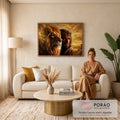 Quadro Decorativo Grande Leão Jesus Coroa para Sala Dourado | quadros decorativos para sala de estar | leão de juba dourada ao lado de Jesus com coroa de espinhos sob céu dramático | em ambiente 3 | Porao dos Quadros