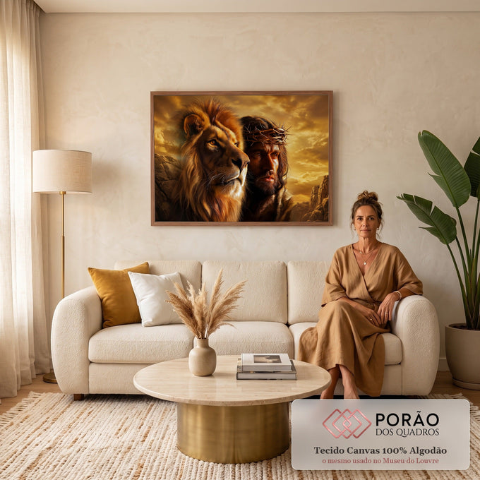 Quadro Decorativo Grande Leão Jesus Coroa para Sala Dourado | quadros decorativos para sala de estar | leão de juba dourada ao lado de Jesus com coroa de espinhos sob céu dramático | em ambiente 3 | Porao dos Quadros