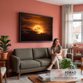 Quadro Decorativo Grande Lua Cheia Dourada Laranja para Sala | quadros decorativos para sala de estar | lua cheia dourada surgindo entre nuvens escuras em céu laranja de entardecer | em ambiente 3 | Porao dos Quadros