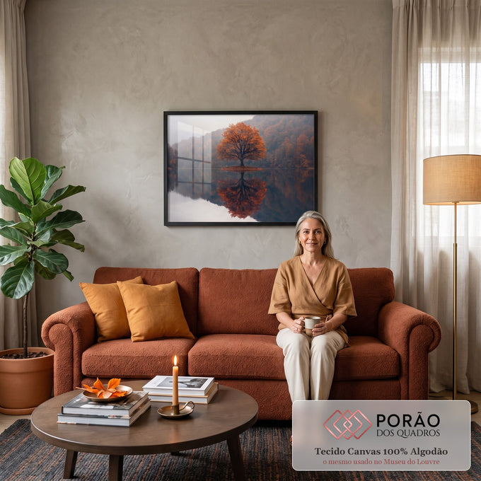 Quadro Decorativo Grande Árvore Refletida Lago para Sala | quadros decorativos para sala de estar | árvore de outono laranja refletida em lago calmo com neblina ao fundo | em ambiente 3 | Porao dos Quadros
