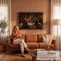 Jesus partindo o pão com os apóstolos à luz de velas em pintura a óleo da Santa Ceia, quadro decorativo