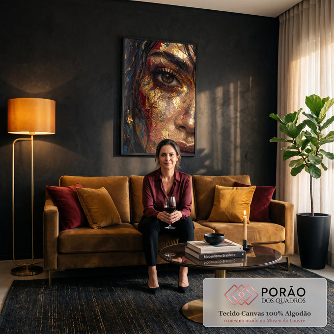 Close de rosto de mulher com olho castanho, folhas de ouro e pinceladas vermelhas e azuis, quadro decorativo