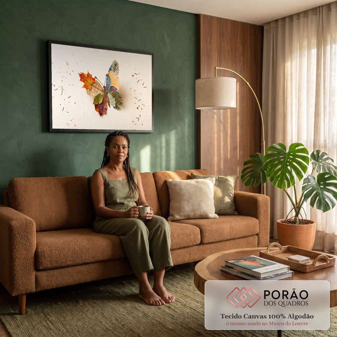 Quadro Decorativo Grande Borboleta de Folhas para Sala | quadros decorativos para sala de estar | borboleta formada por folhas secas coloridas e galho de pinheiro sobre fundo bege | em ambiente 3 | Porao dos Quadros