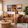 Quadro Decorativo Kit 3 Telas Praia Dente de Leão para Sala | quadros decorativos para sala de estar | tríptico com praia ao entardecer, dente-de-leão em contraluz e surfista em onda dourada | em ambiente 3 | Porao dos Quadros