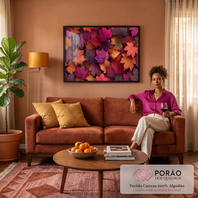 Quadro Decorativo Grande Folhas de Outono Laranja para Sala | quadros decorativos para sala de estar | folhas de bordo coloridas em rosa, laranja e roxo sobrepostas vistas de cima | em ambiente 3 | Porao dos Quadros