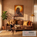 Quadro Decorativo Grande Leão Sentado para Sala Laranja | quadros decorativos | leão sentado em silhueta dourada contra grande sol laranja ao entardecer | em ambiente 2 | Porao dos Quadros