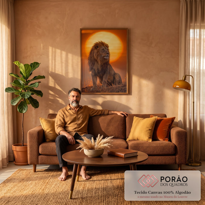 Quadro Decorativo Grande Leão Sentado para Sala Laranja | quadros decorativos | leão sentado em silhueta dourada contra grande sol laranja ao entardecer | em ambiente 2 | Porao dos Quadros