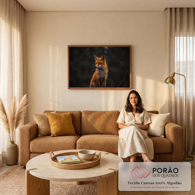 Raposa-vermelha sentada olhando de lado sob a garoa, fundo de floresta verde desfocado, quadro decorativo